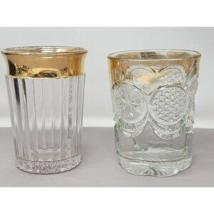 2 Vintage Gold Rimmed Pressed‎ Glass Tumblers Mid Century Modern